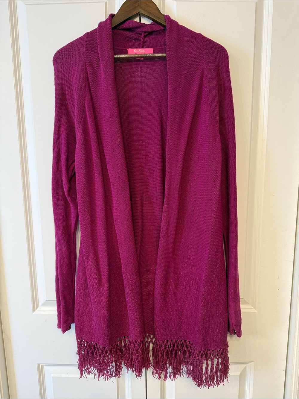 Lilly Pulitzer Raspberry Open-Front Fringe Hem Cardigan with Metallic gleam